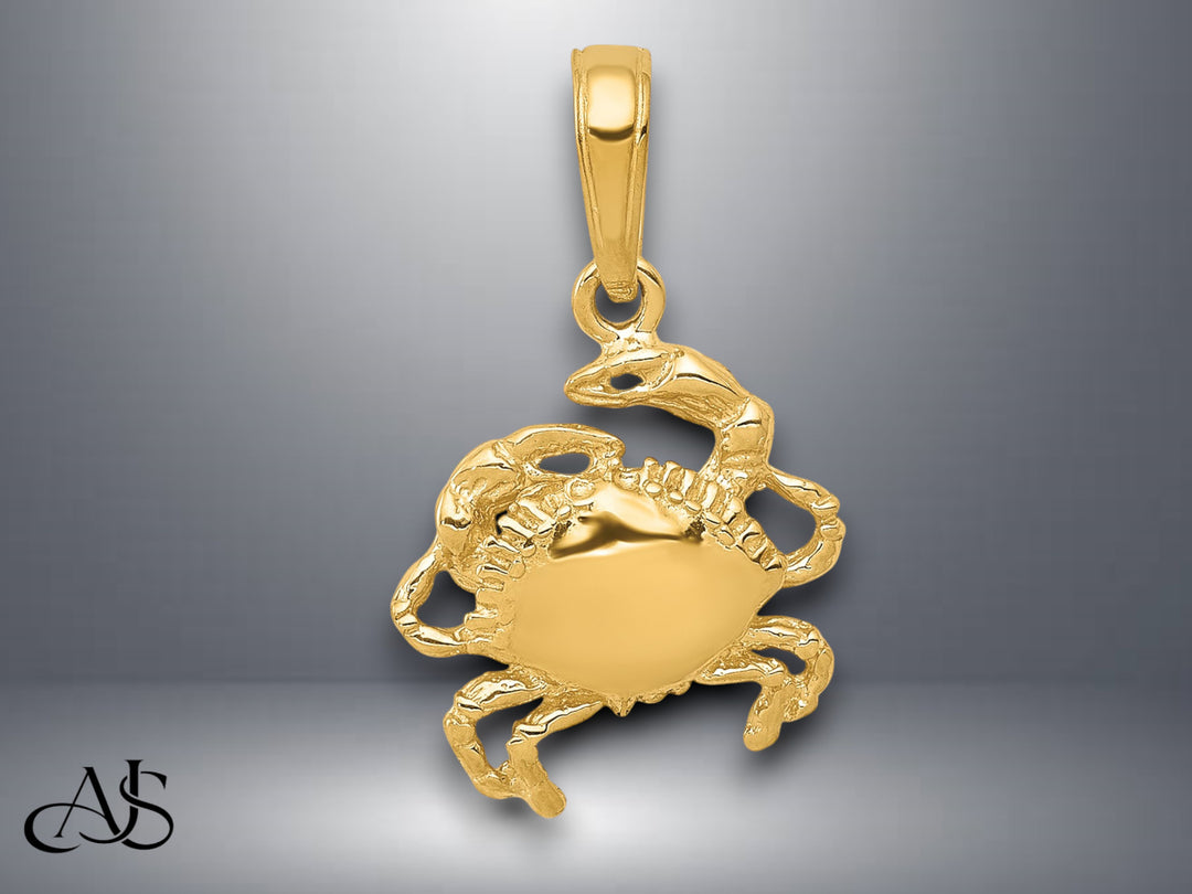 14K Yellow Gold Solid Crab Pendant with Necklace Chain Options