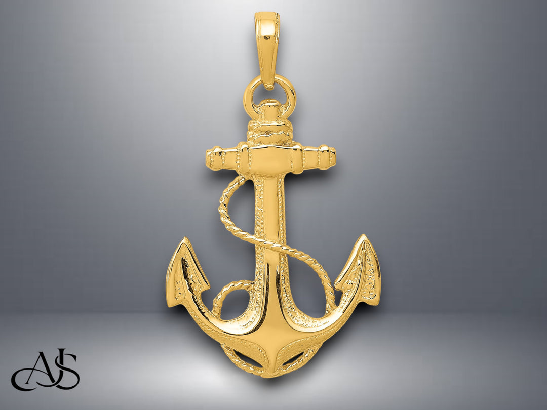 14K Yellow Gold or White Gold Anchor w/Rope Pendant with Necklace Chain Options