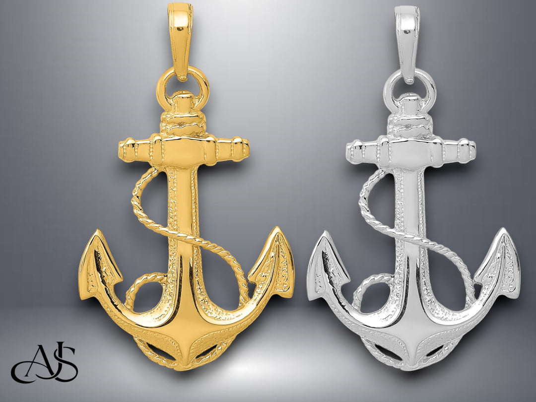 14K Yellow Gold or White Gold Anchor w/Rope Pendant with Necklace Chain Options