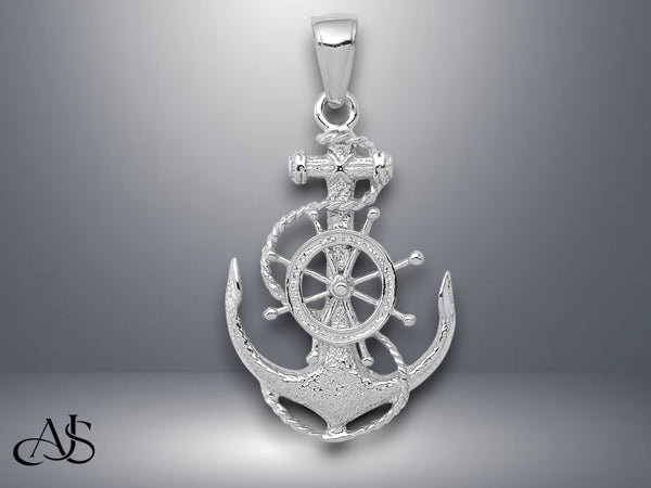 14K Yellow Gold or White Gold Medium Anchor w/Wheel Pendant with Necklace Chain Options