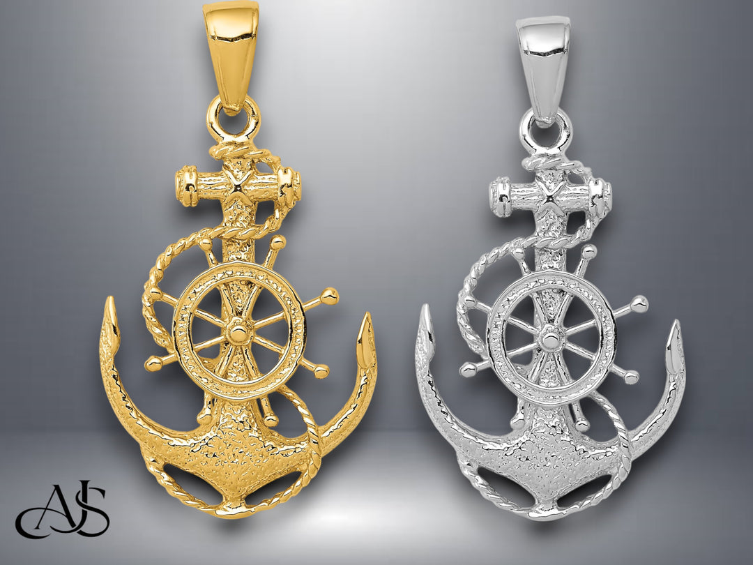 14K Yellow Gold or White Gold Medium Anchor w/Wheel Pendant with Necklace Chain Options