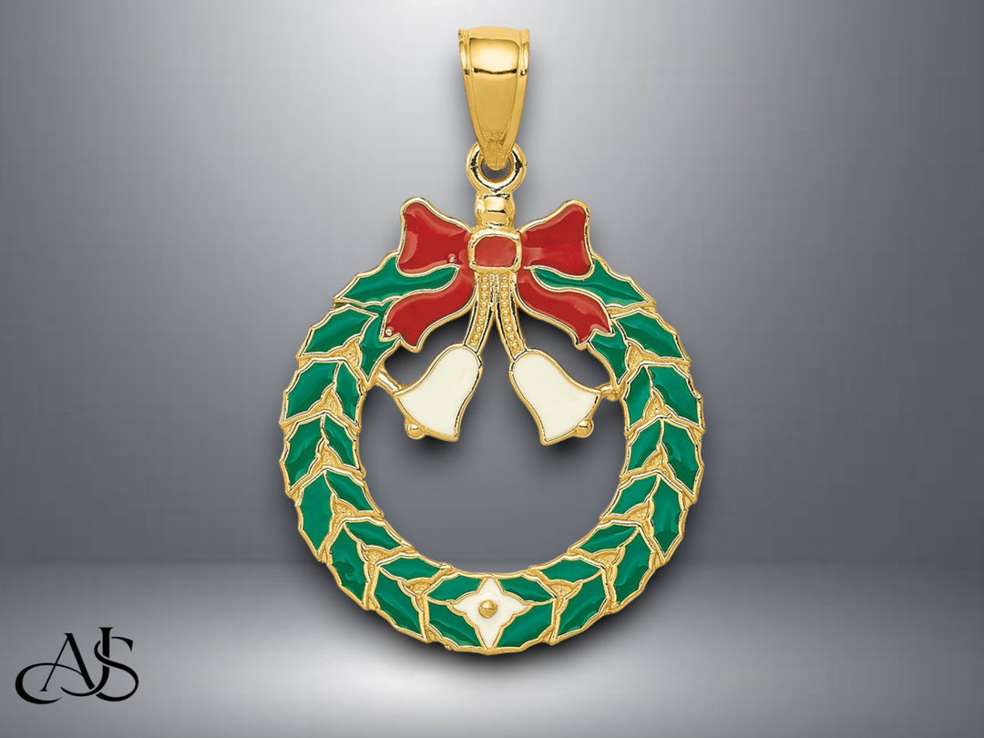 14K Yellow Gold Enameled Christmas Wreath Pendant with Necklace Chain Options