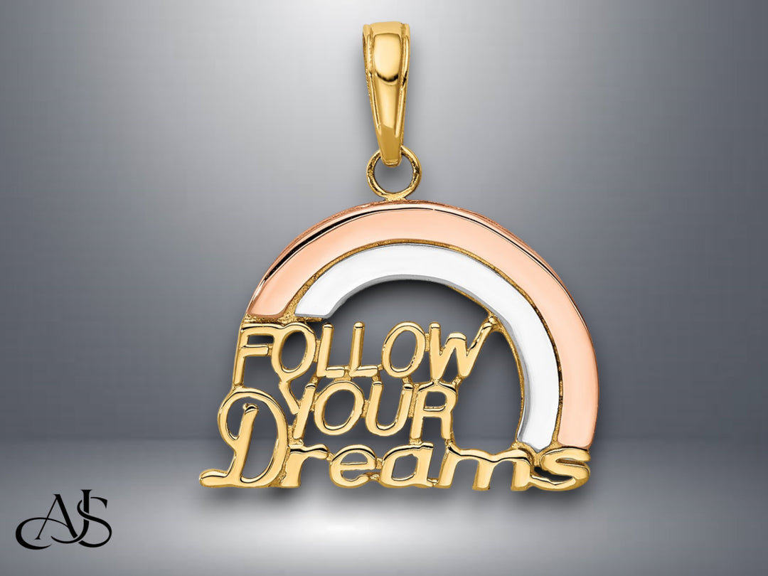14K Two-tone Gold w/White Rhod FOLLOW YOUR DREAMS Rainbow Charm with Necklace Chain Options