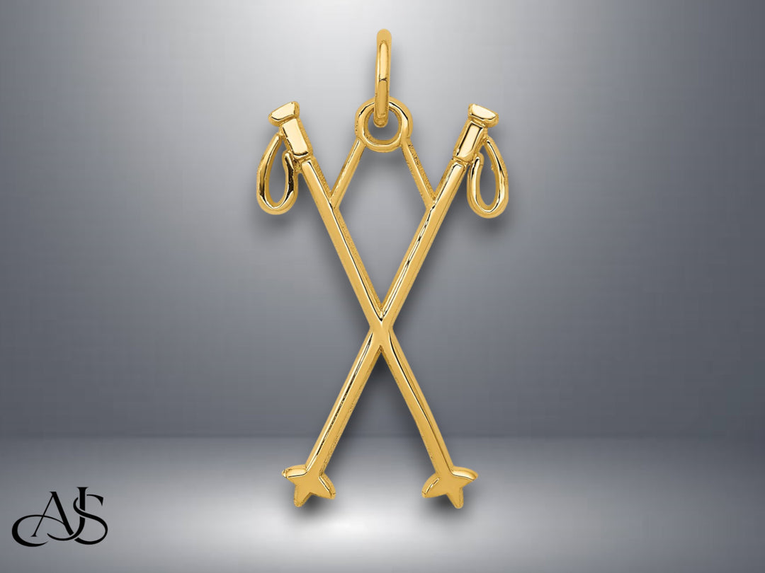 14K Yellow Gold Ski Poles Charm with Necklace Chain Options