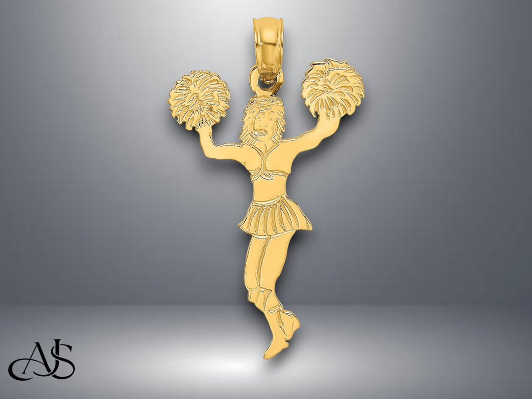 14K Yellow Gold Cheerleader with Pom-Poms Charm with Necklace Chain Options