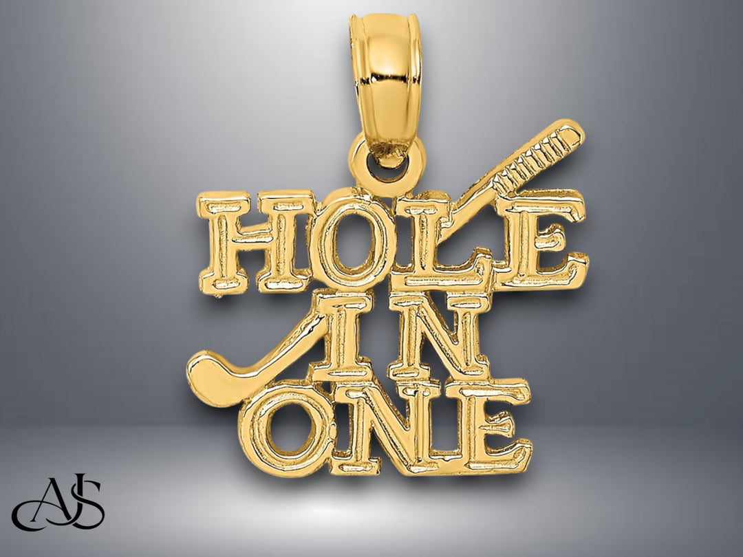 14K Yellow Gold HOLE IN ONE w/Golf Club Charm with Necklace Chain Options