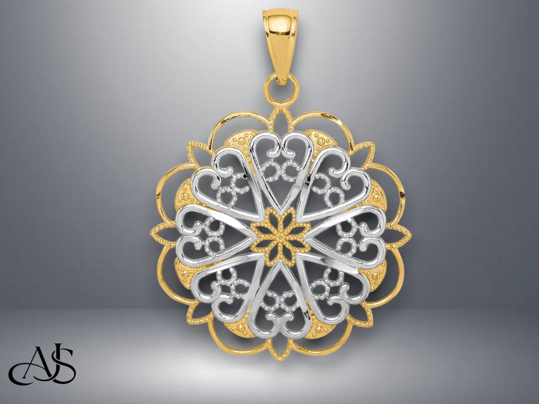 14K Yellow Gold w/Rhodium Filigree Hearts W/Scalloped Edge Pendant with Necklace Chain Options