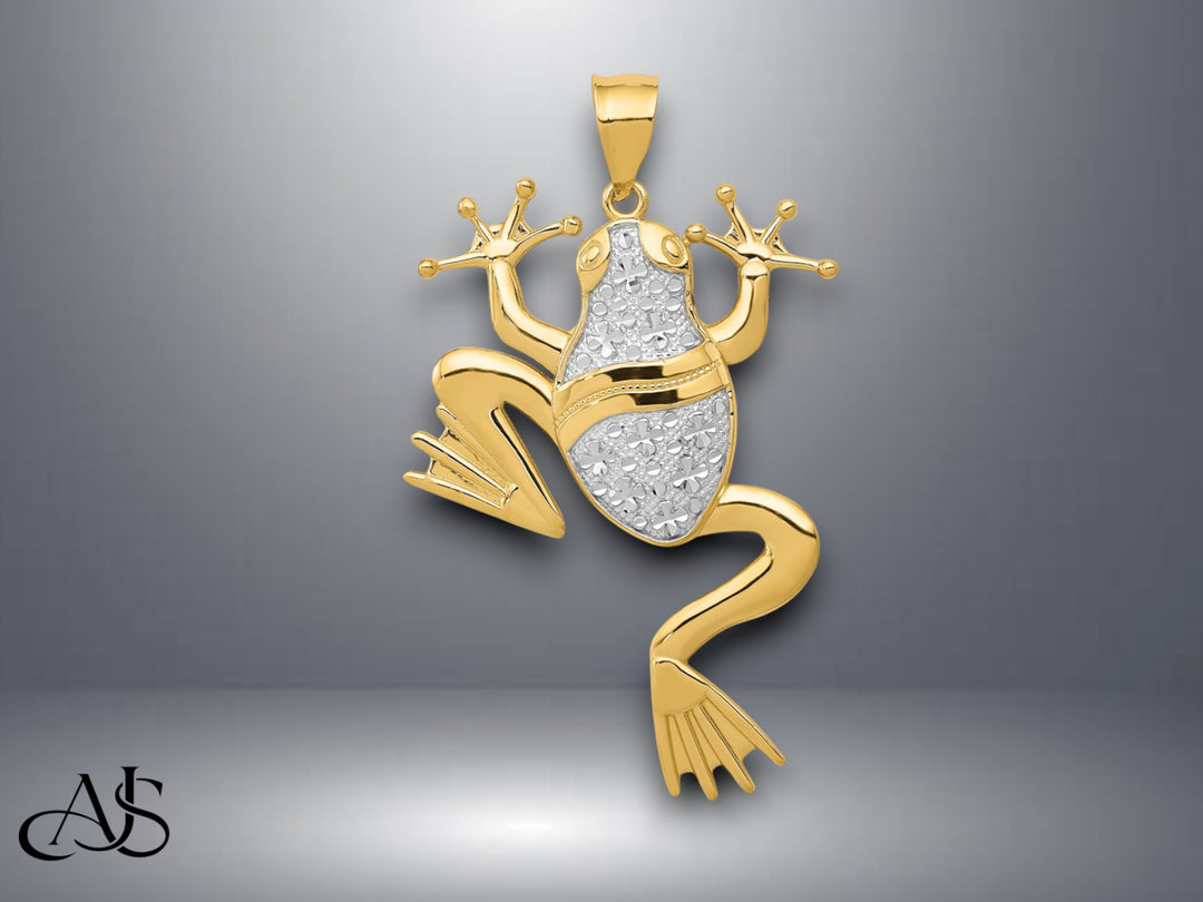 14K Yellow Gold and Rhodium Diamond-cut Frog Pendant with Necklace Chain Options