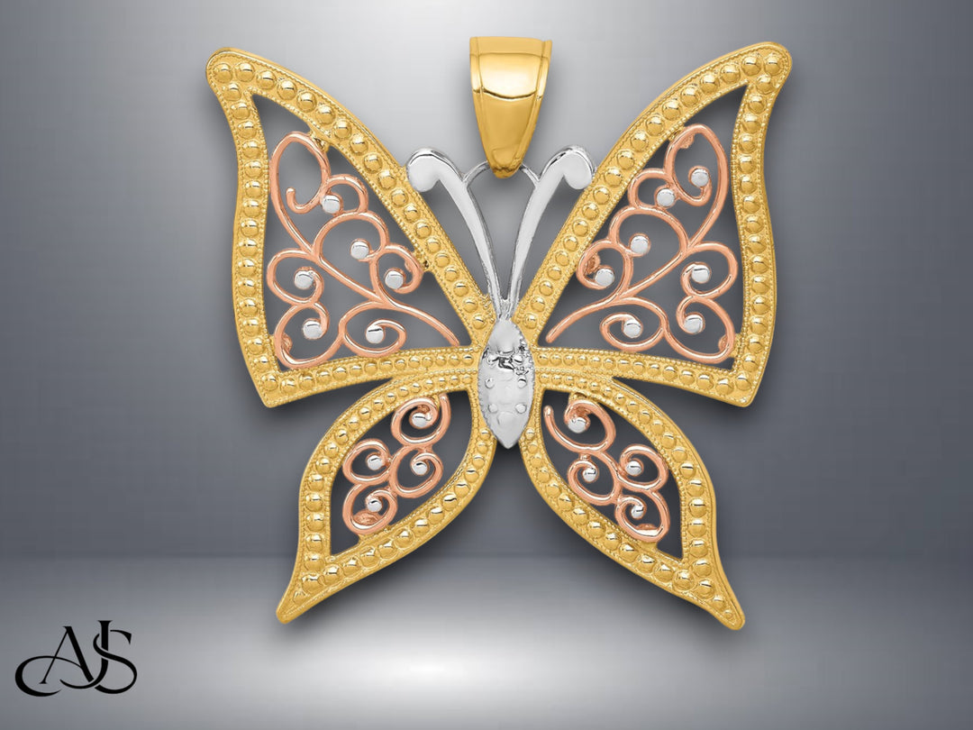 14K Two-tone w/White Rhodium Diamond-cut Butterfly Pendant with Necklace Chain Options