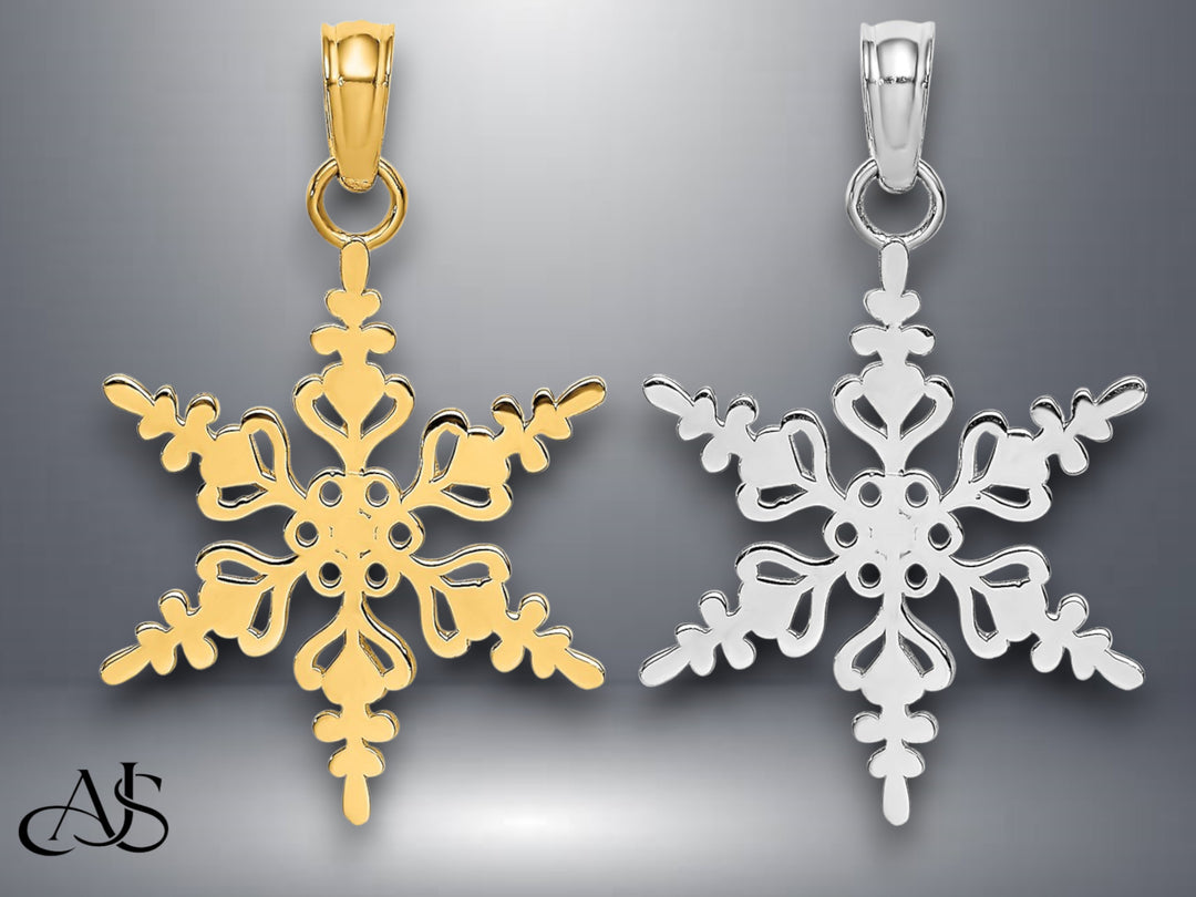 14K Yellow Gold or White Gold Polished Snowflake Charm with Necklace Chain Options