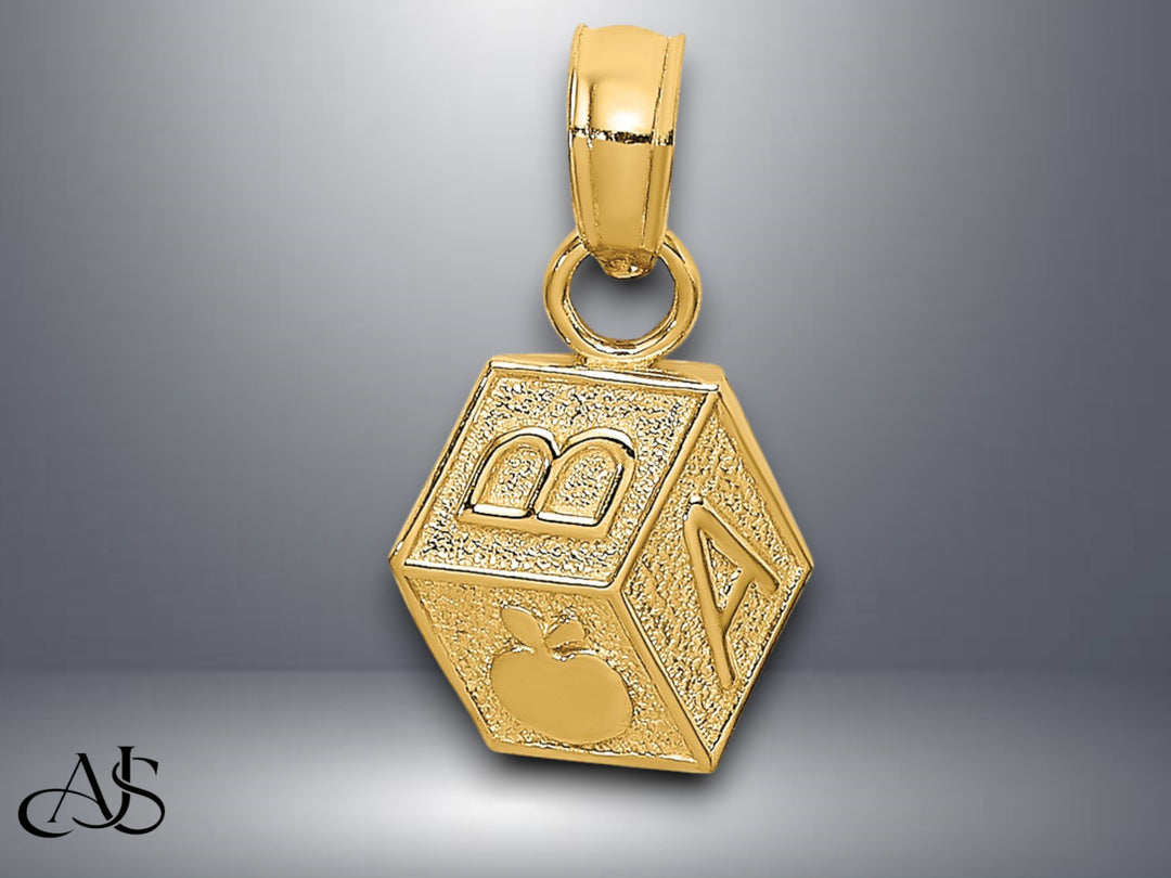 14K Yellow Gold Baby Block Charm with Necklace Chain Options