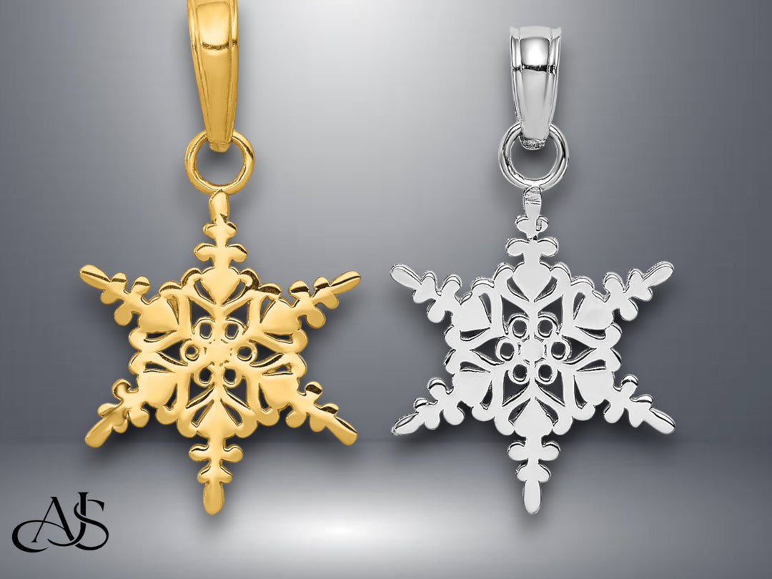 14K Yellow Gold or White Gold Small Snowflake Pendant with Necklace Chain Options