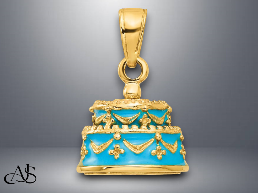 14K Yellow Gold 3-D Aqua Blue Enameled HAPPY BIRTHDAY Cake Pendant with Necklace Chain Options