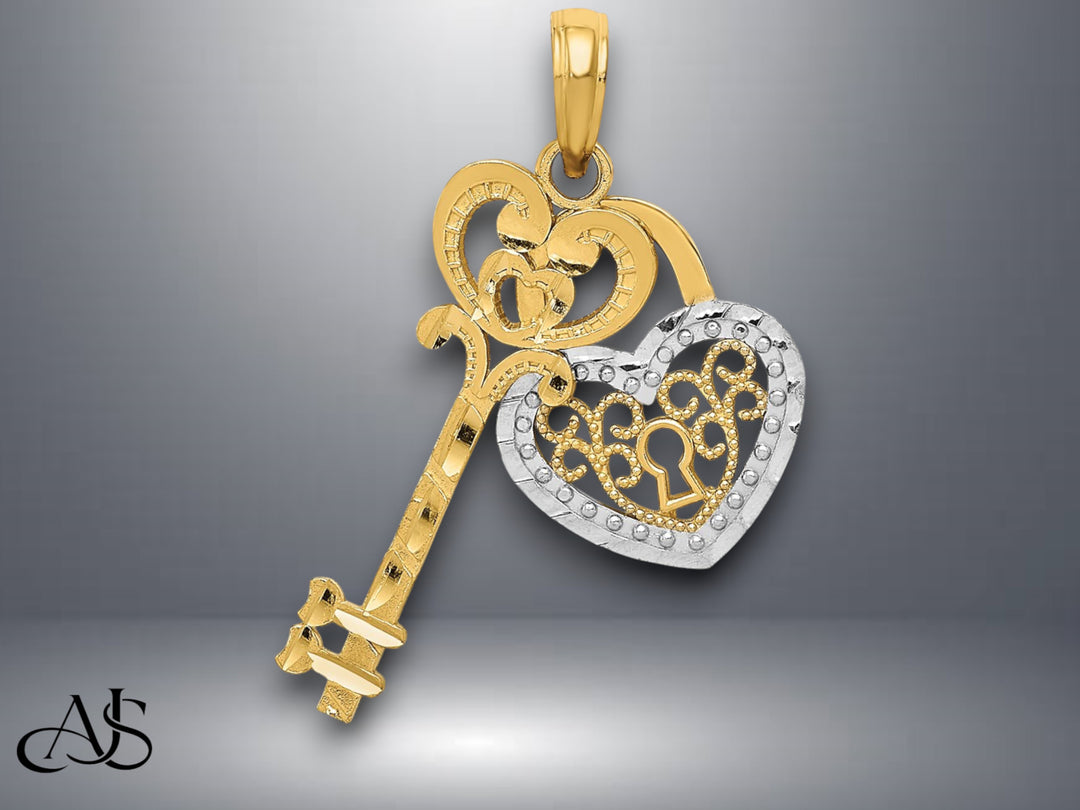 14K Yellow Gold w/White Rhodium Moveable Filigree Heart Key and Lock Charm with Necklace Chain Options
