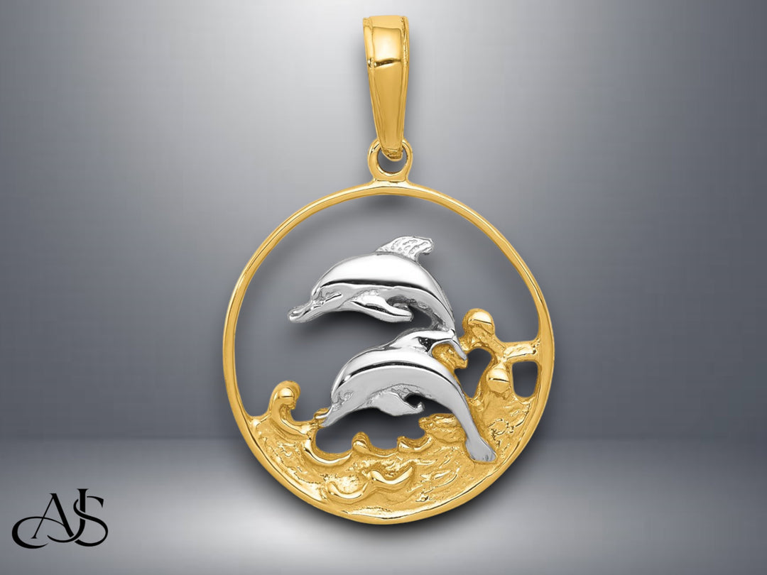 14K Yellow Gold and Rhodium Double Dolphins In Circle Pendant with Necklace Chain Options