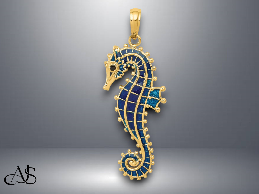 14K Yellow Gold 3-D Blue Enameled Seahorse Pendant with Necklace Chain Options