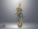 Load image into Gallery viewer, 14K Yellow Gold 3-D Blue Enameled Seahorse Pendant with Necklace Chain Options

