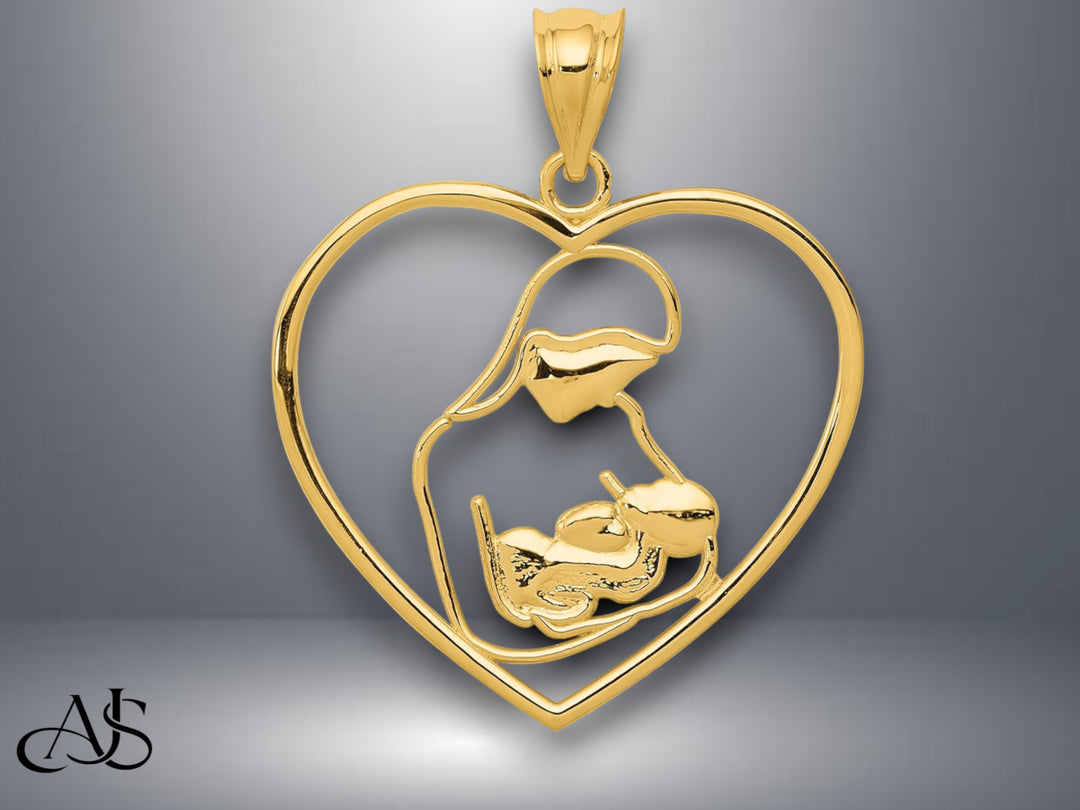 14K Yellow Gold Mother and Child in Heart Pendant with Necklace Chain Options