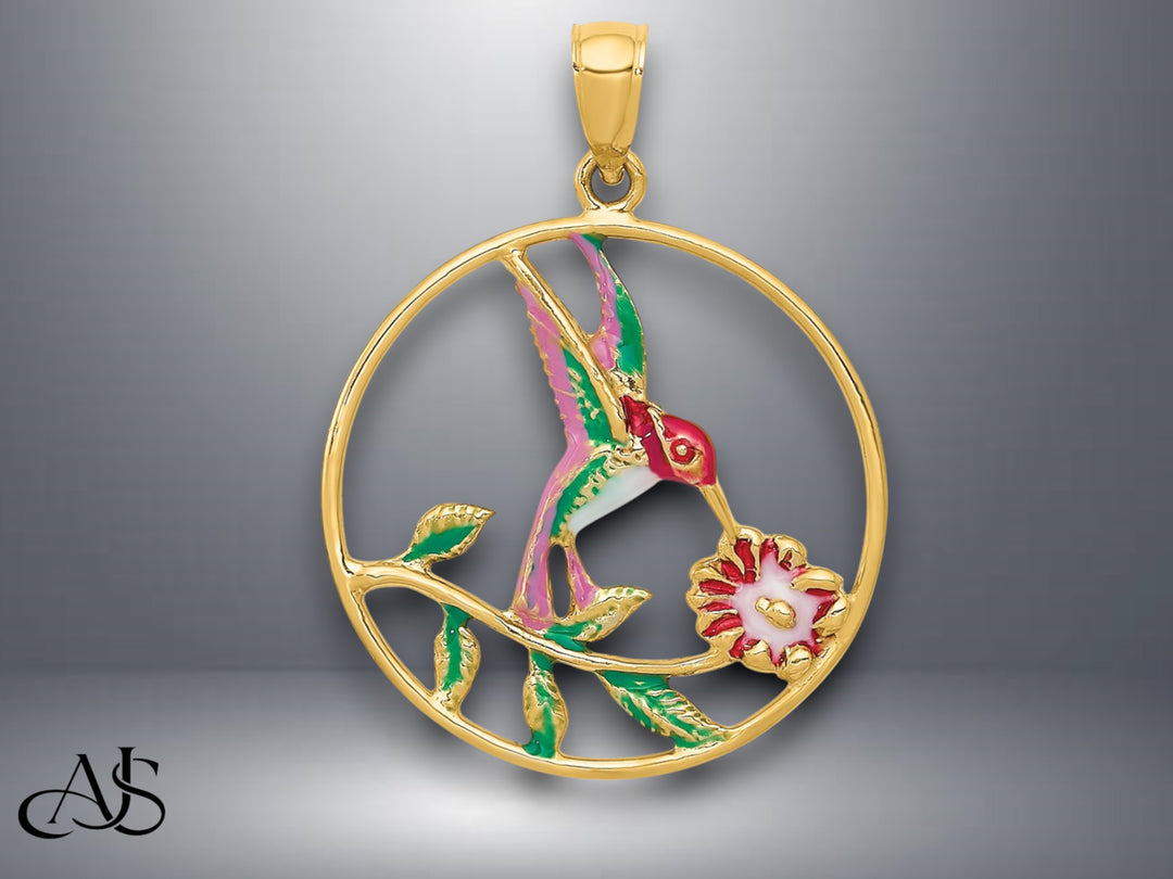 14K Yellow Gold Enameled Hummingbird and Flower in Circle Pendant with Necklace Chain Options