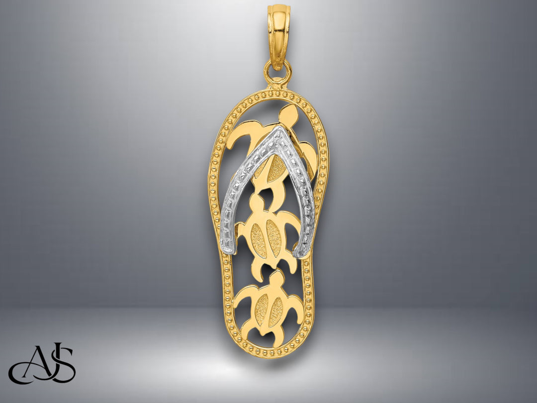 14K Two-tone Gold Triple Sea Turtle Flip-Flop Pendant with Necklace Chain Options