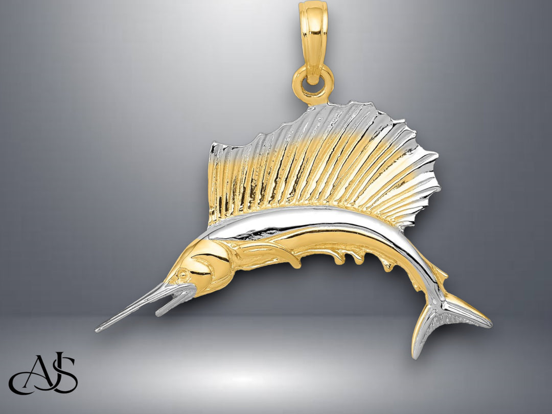 14K Yellow Gold w/Rhodium Sailfish Pendant with Necklace Chain Options