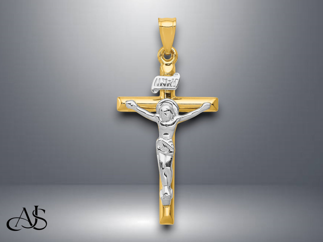 14K Two-tone Gold INRI Crucifix Pendant with Necklace Chain Options