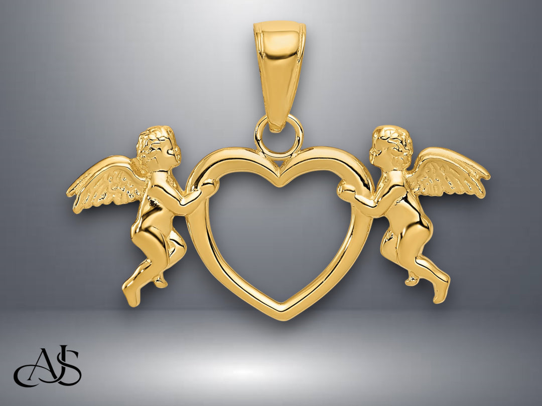 14K Yellow Gold Flying Cherubs Holding Heart Pendant with Necklace Chain Options
