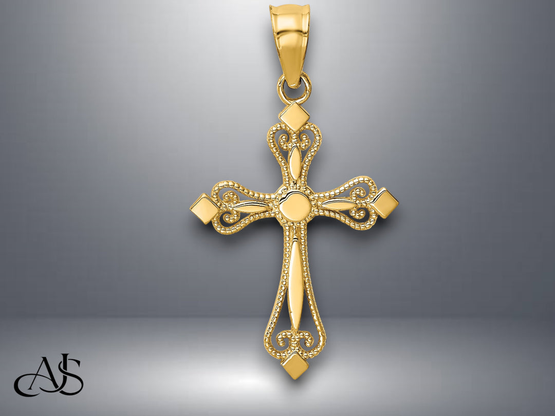 14K Yellow Gold Mini Budded Cross Pendant with Necklace Chain Options