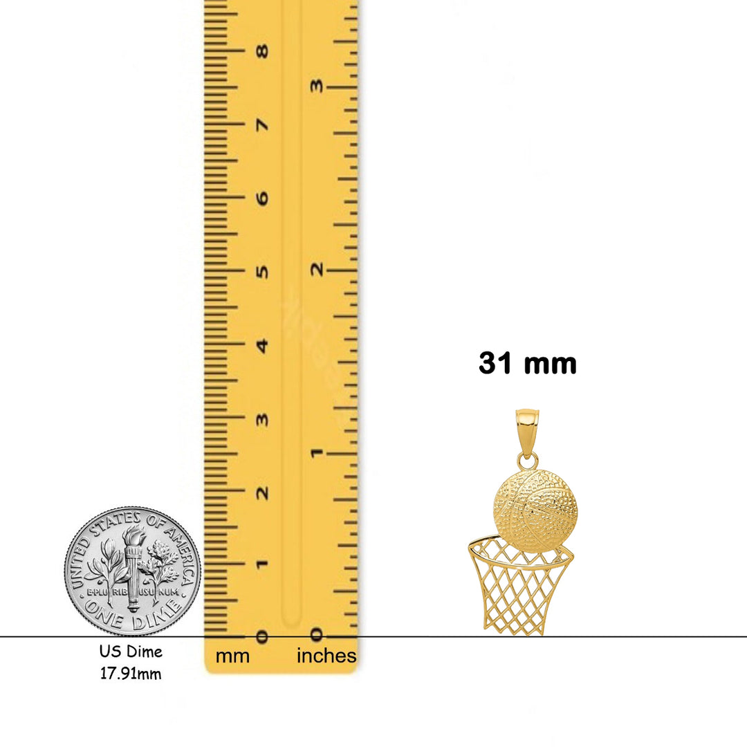 14K Yellow Gold or White Gold Diamond-Cut Basketball and Net Charm with Necklace Chain Options