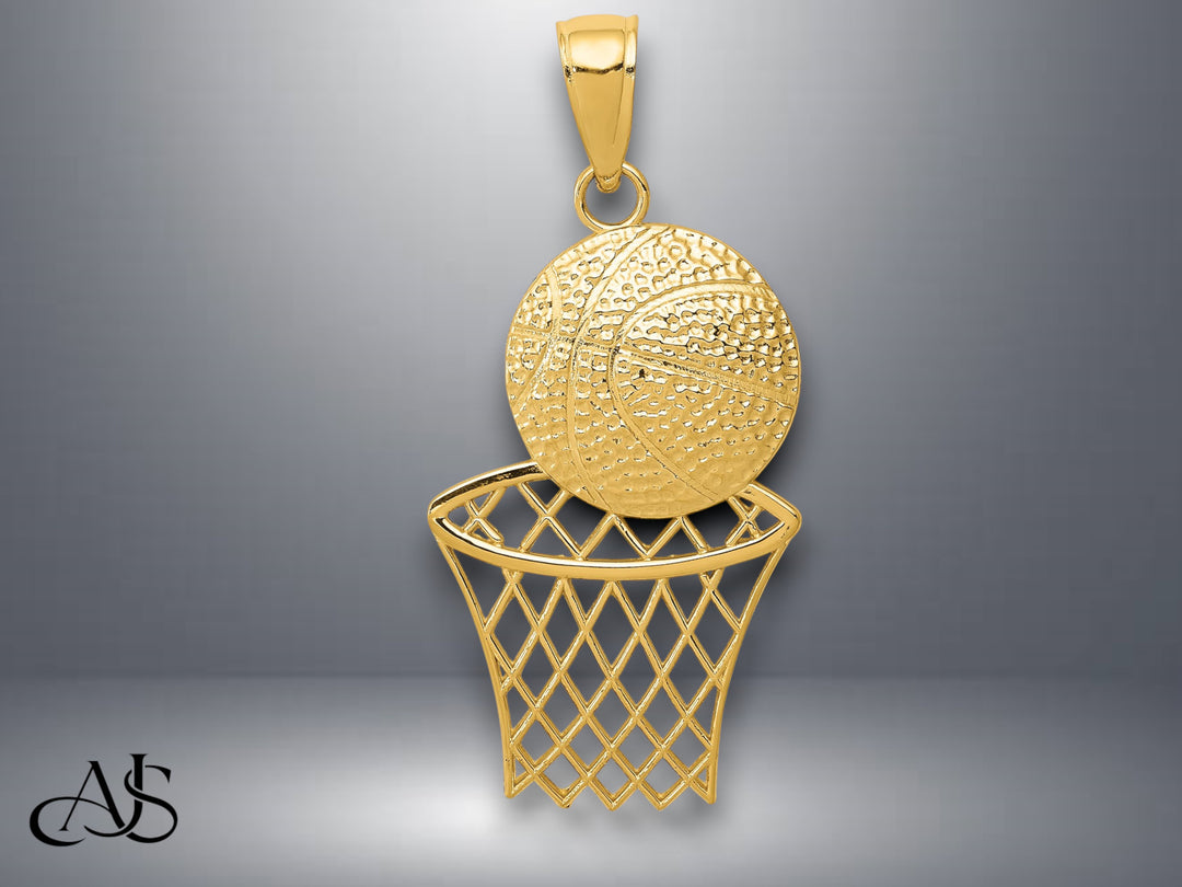 14K Yellow Gold or White Gold Diamond-Cut Basketball and Net Charm with Necklace Chain Options