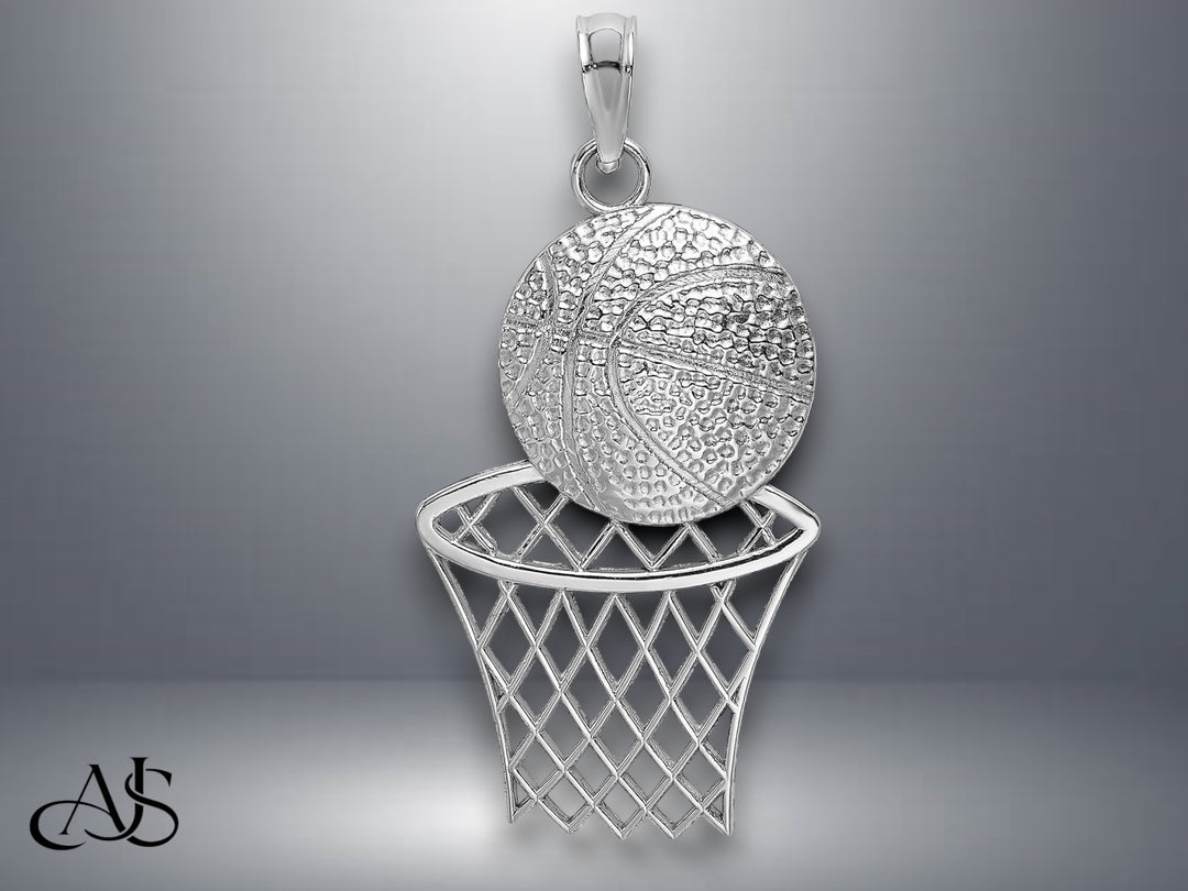 14K Yellow Gold or White Gold Diamond-Cut Basketball and Net Charm with Necklace Chain Options