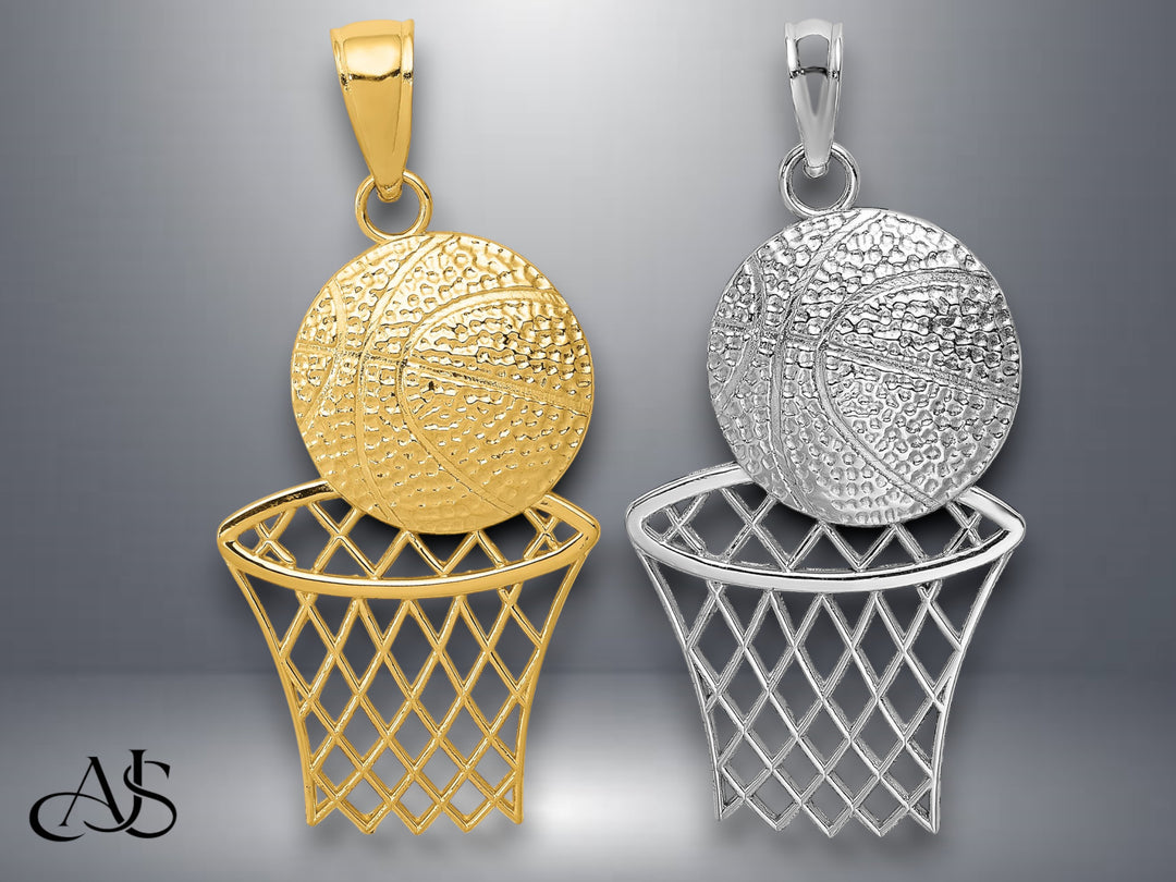 14K Yellow Gold or White Gold Diamond-Cut Basketball and Net Charm with Necklace Chain Options