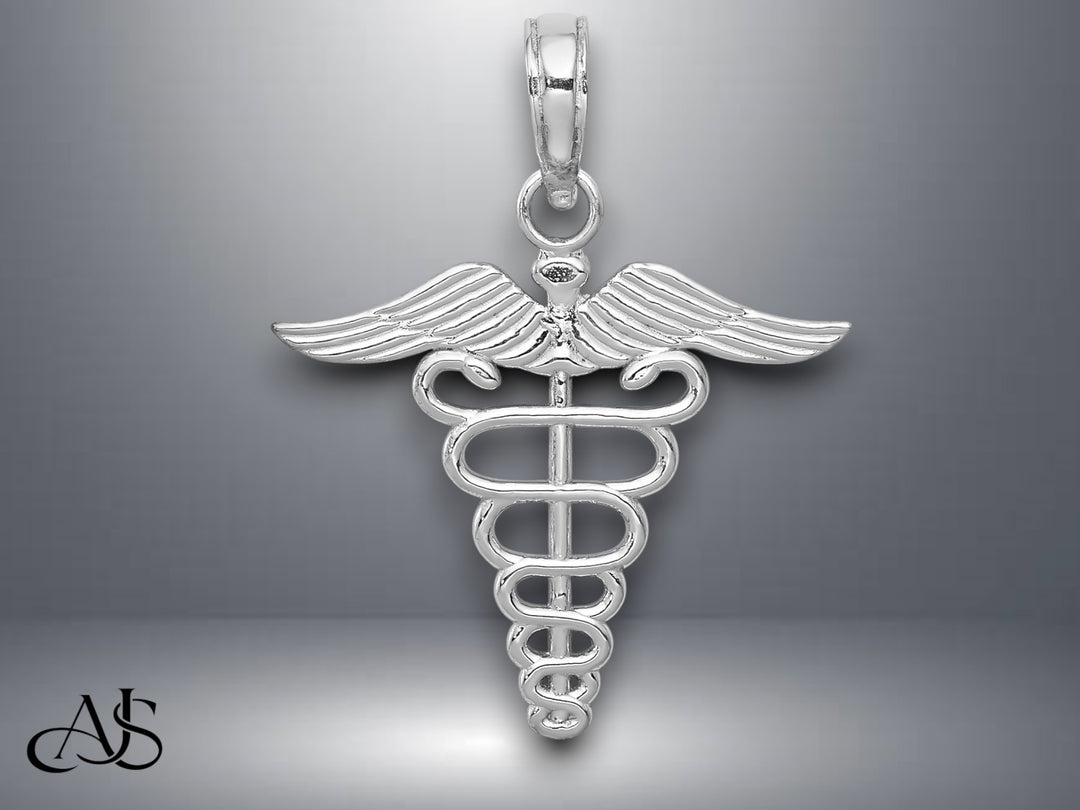 14K Yellow Gold or White Gold Caduceus Charm with Necklace Chain Options