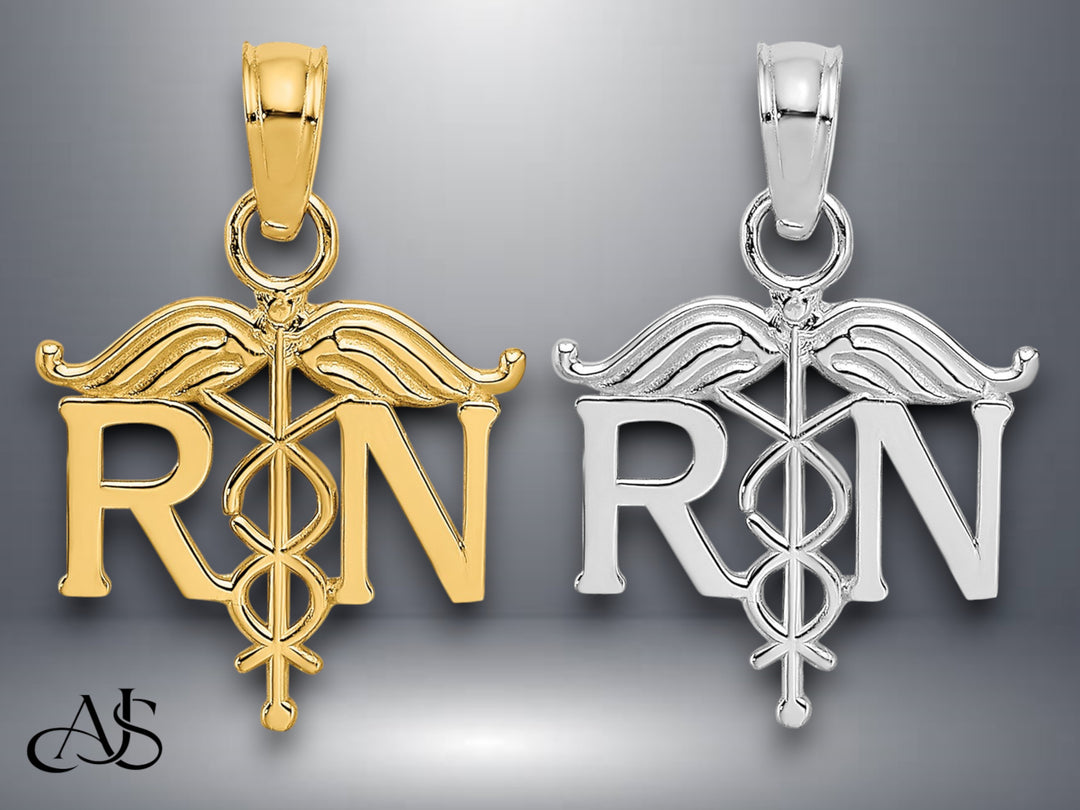14K Yellow Gold or White Gold RN Registered Nurse Pendant with Necklace Chain Options