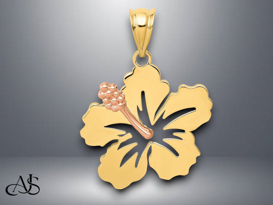 14K Yellow and Rose Gold Hibiscus Flower Pendant with Necklace Chain Options