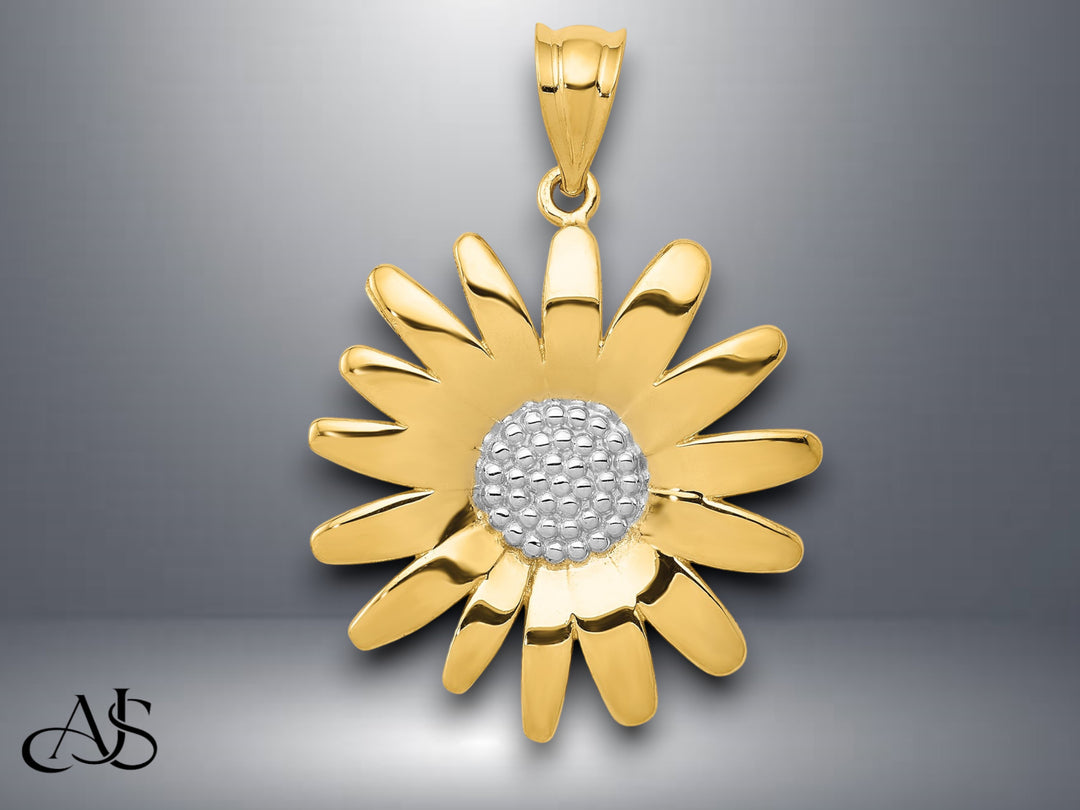 14K Yellow Gold w/Rhodium Sunflower Pendant with Necklace Chain Options