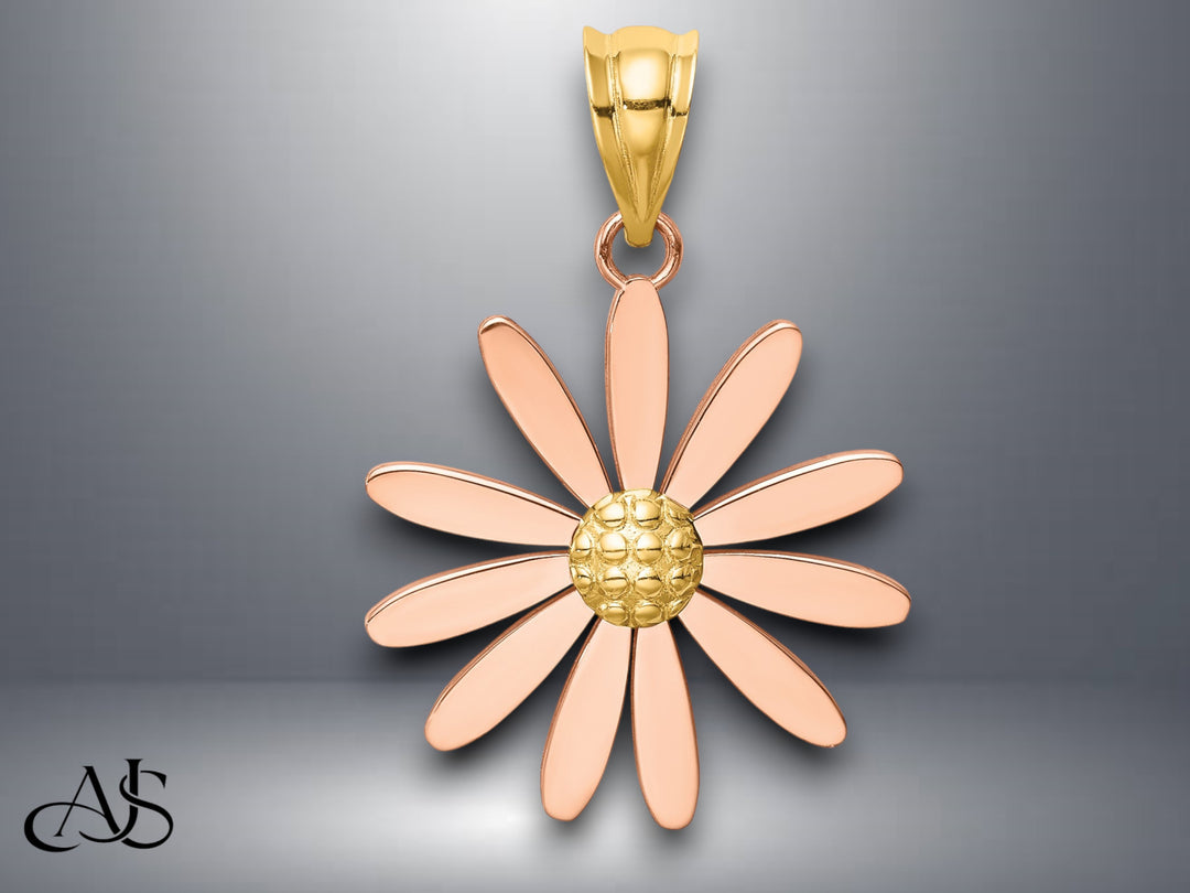14K Two-tone Gold Rose and Yellow Gold Daisy Pendant with Necklace Chain Options
