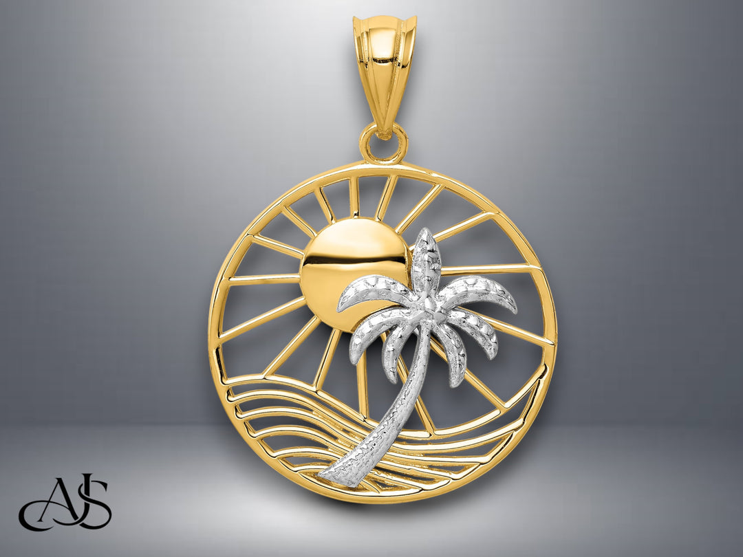 14K Two Tone Gold Sun and Palm Tree Pendant with Necklace Chain Options