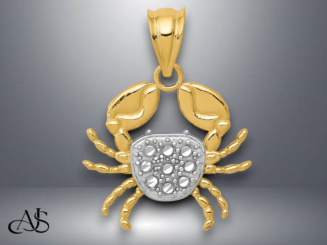 14K Yellow Gold Rhodium Diamond-Cut Crab Pendant with Necklace Chain Options