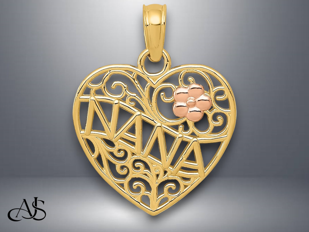 14K Two-tone Gold Polished NANA w/Flower on Heart Pendant with Necklace Chain Options