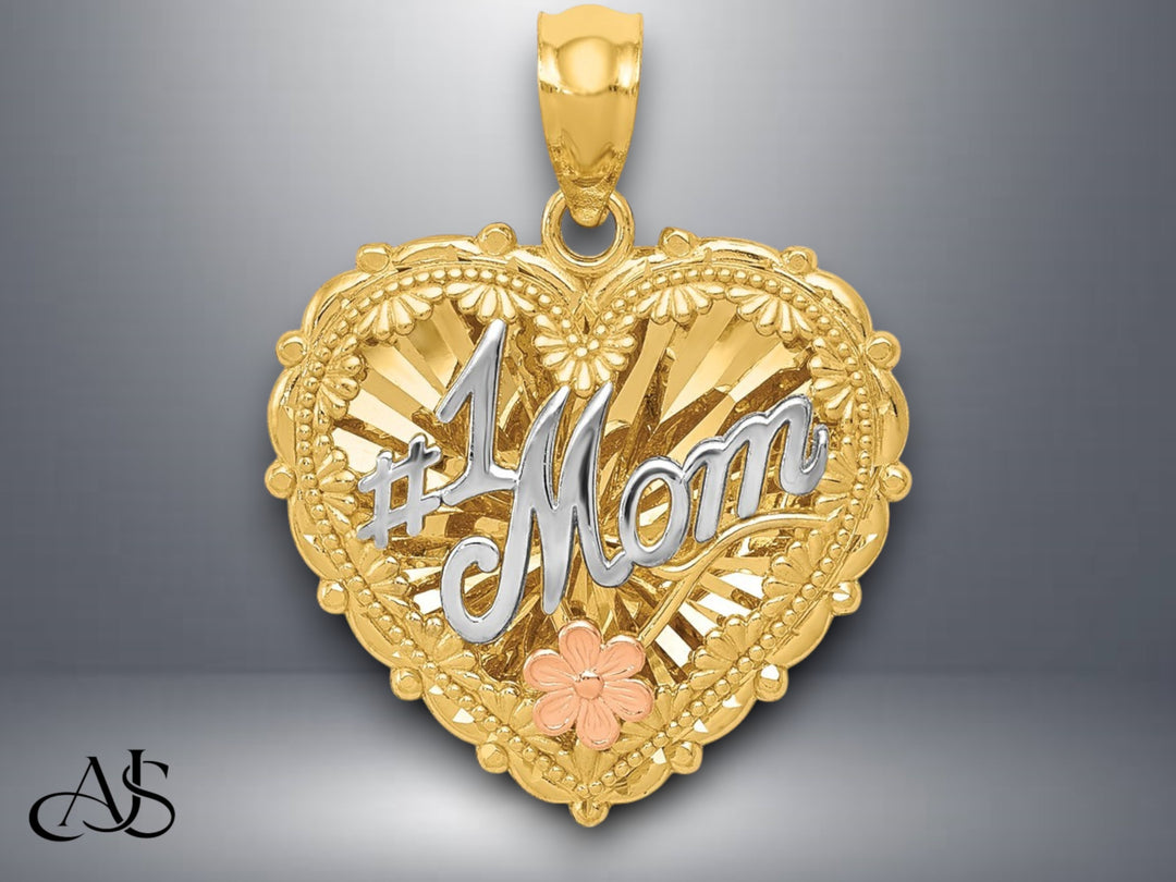14K Tri-color Polished #1 MOM Shadowbox Pendant with Necklace Chain Options