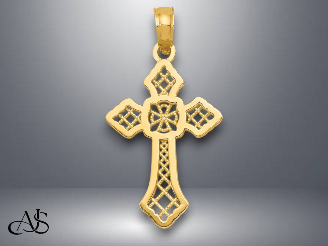 14K Yellow Gold Polished Passion Cross W/Lace Center Pendant with Necklace Chain Options