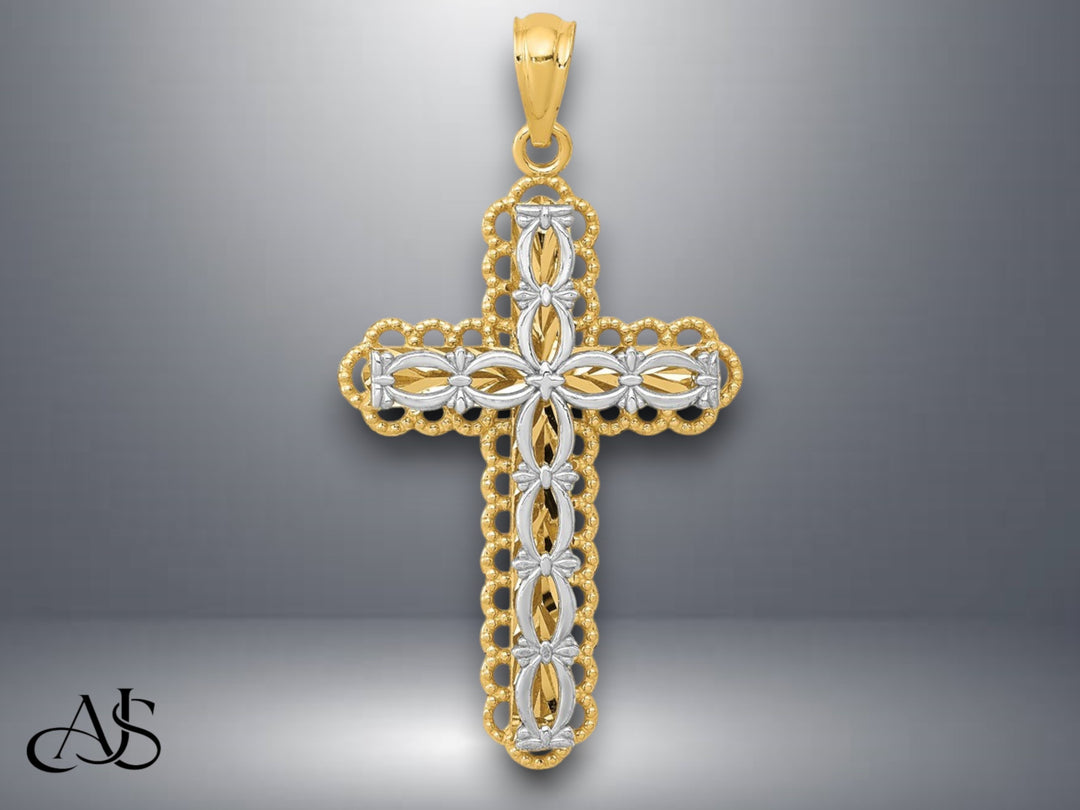 14K Two Tone Gold Polished 2 Level Cross Pendant with Necklace Chain Options