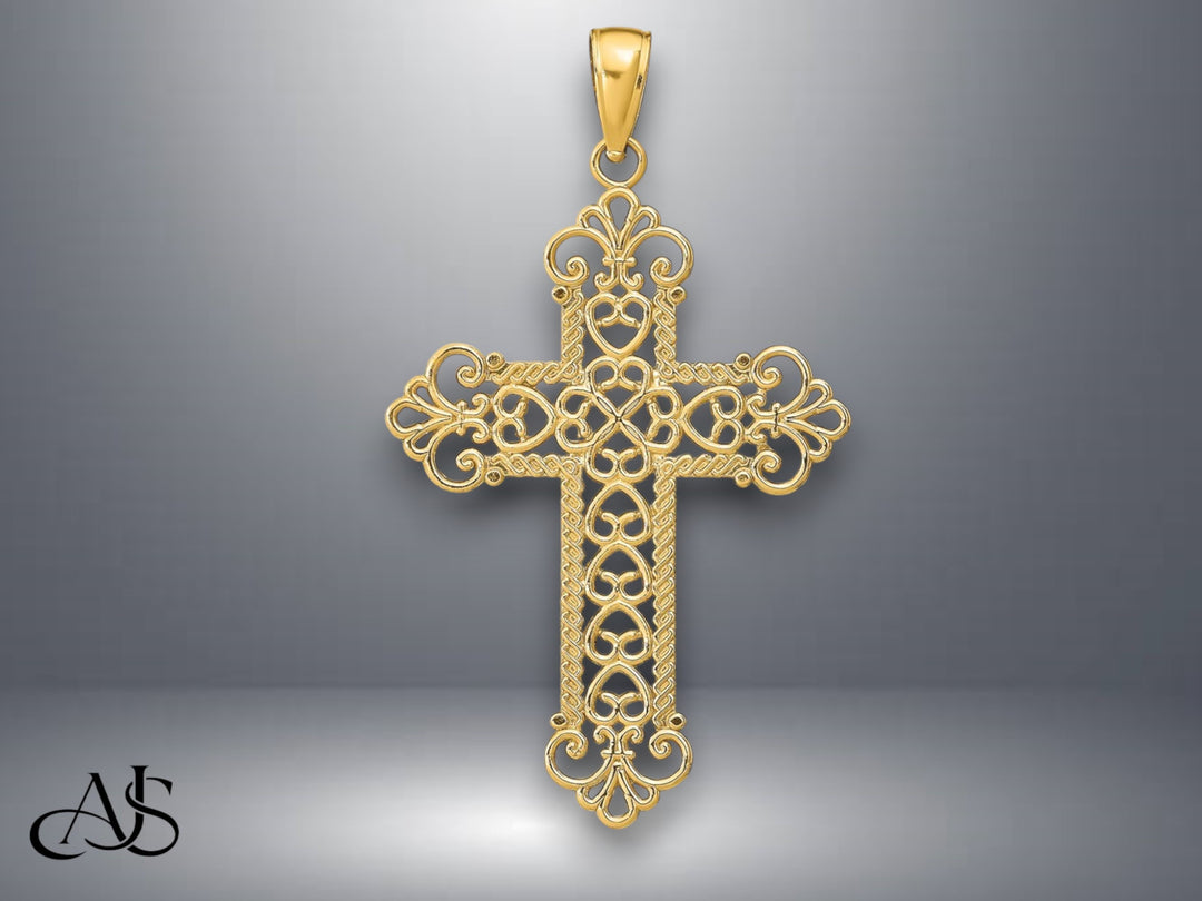 14K Yellow Gold or White Gold Polished Large Rope Frame Filigree Cross Pendant with Necklace Chain Options