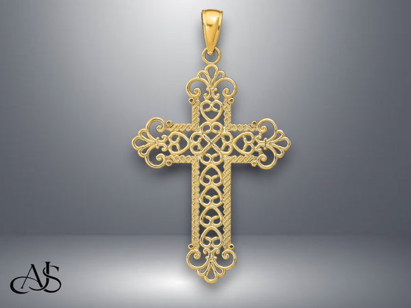 14K Yellow Gold or White Gold Polished Large Rope Frame Filigree Cross Pendant with Necklace Chain Options