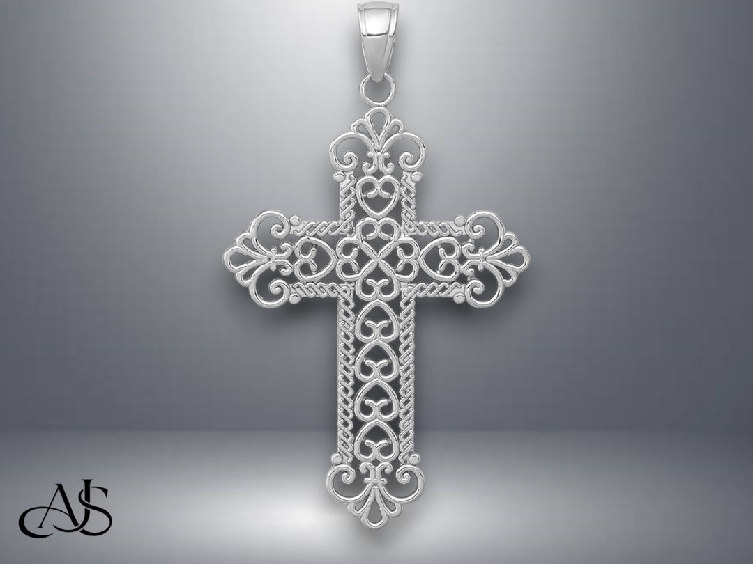 14K Yellow Gold or White Gold Polished Large Rope Frame Filigree Cross Pendant with Necklace Chain Options