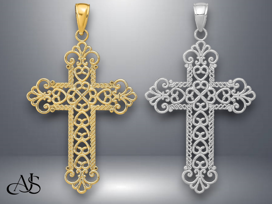 14K Yellow Gold or White Gold Polished Large Rope Frame Filigree Cross Pendant with Necklace Chain Options