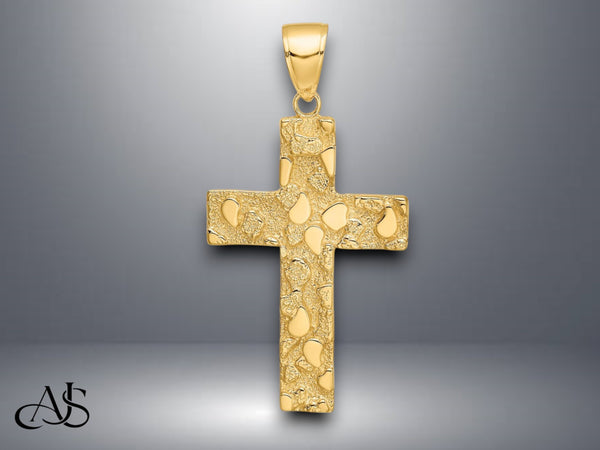 14K Yellow Gold or White Gold Polished/Textured Nugget Style Cross Pendant with Necklace Chain Options