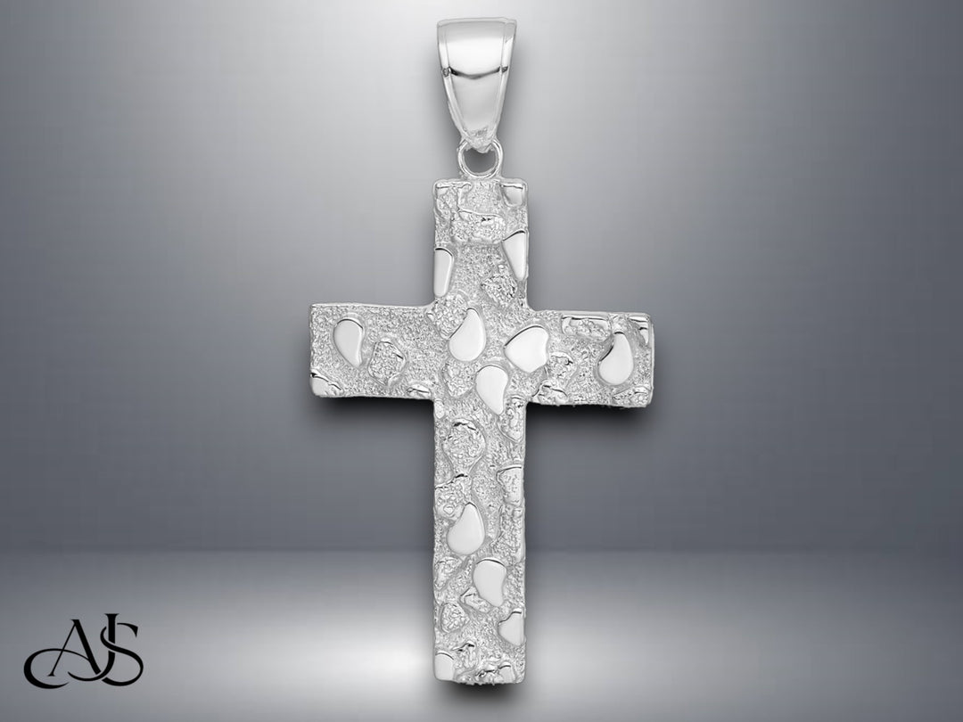 14K Yellow Gold or White Gold Polished/Textured Nugget Style Cross Pendant with Necklace Chain Options