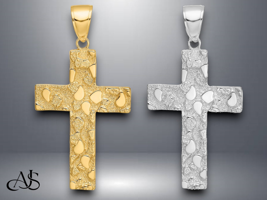 14K Yellow Gold or White Gold Polished/Textured Nugget Style Cross Pendant with Necklace Chain Options